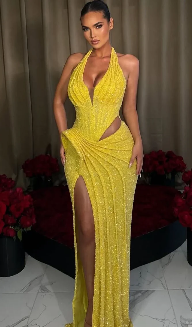Yellow sequinned evening gown, Viesa editorial photography